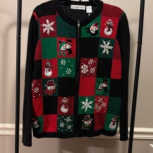 Victoria Jones Vintage Holiday Embroidered Zippered Cardigan Sweater size large